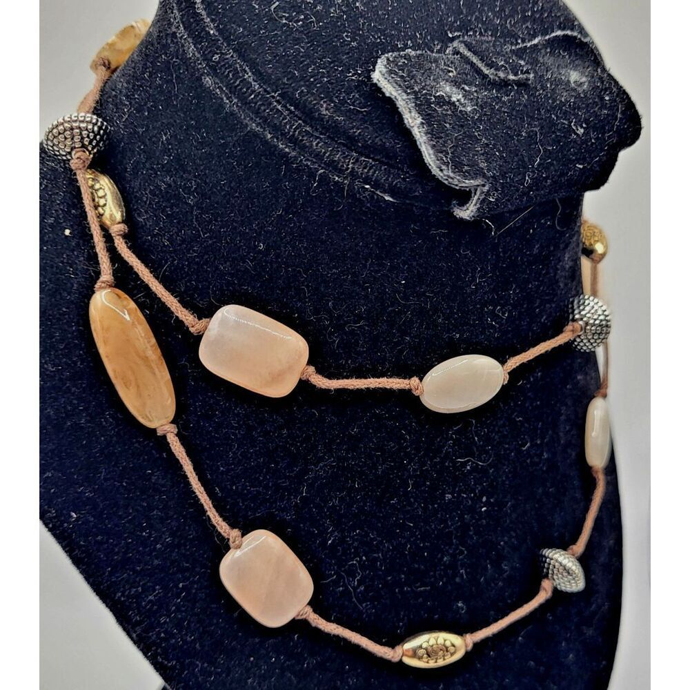 Bohemian Station Necklace Agate Leather Cord Slide Knot 31in